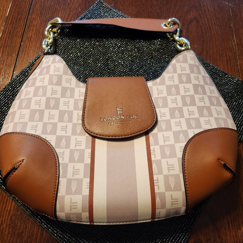 London Fog Aryana Shoulder Bag Jacquard White, Pink and Brown NEW w/out tags